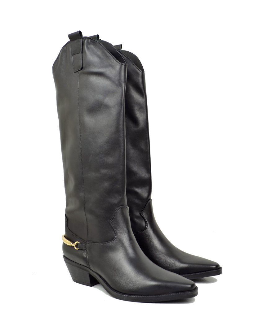 High Black Genuine Leather Cowboy Boots with Spur Accessory and Golden Buckle - 2