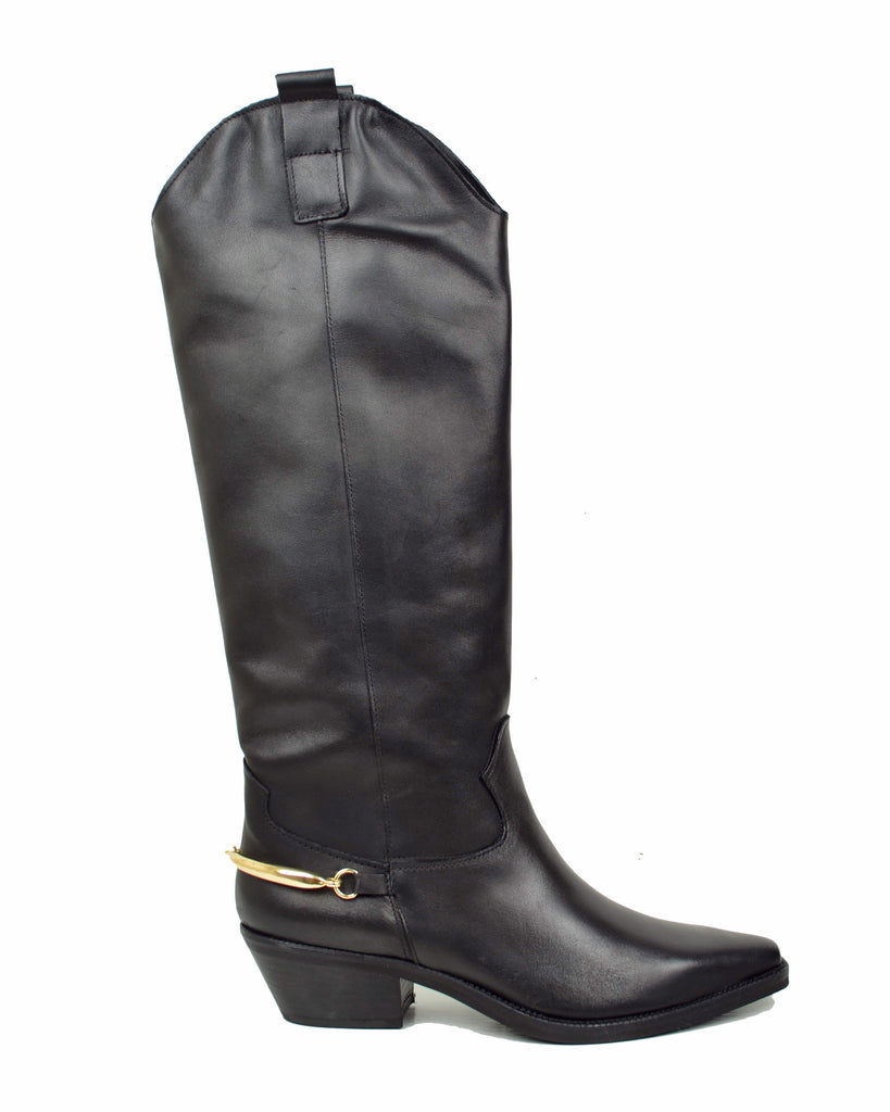 High Black Genuine Leather Cowboy Boots with Spur Accessory and Golden Buckle - 4