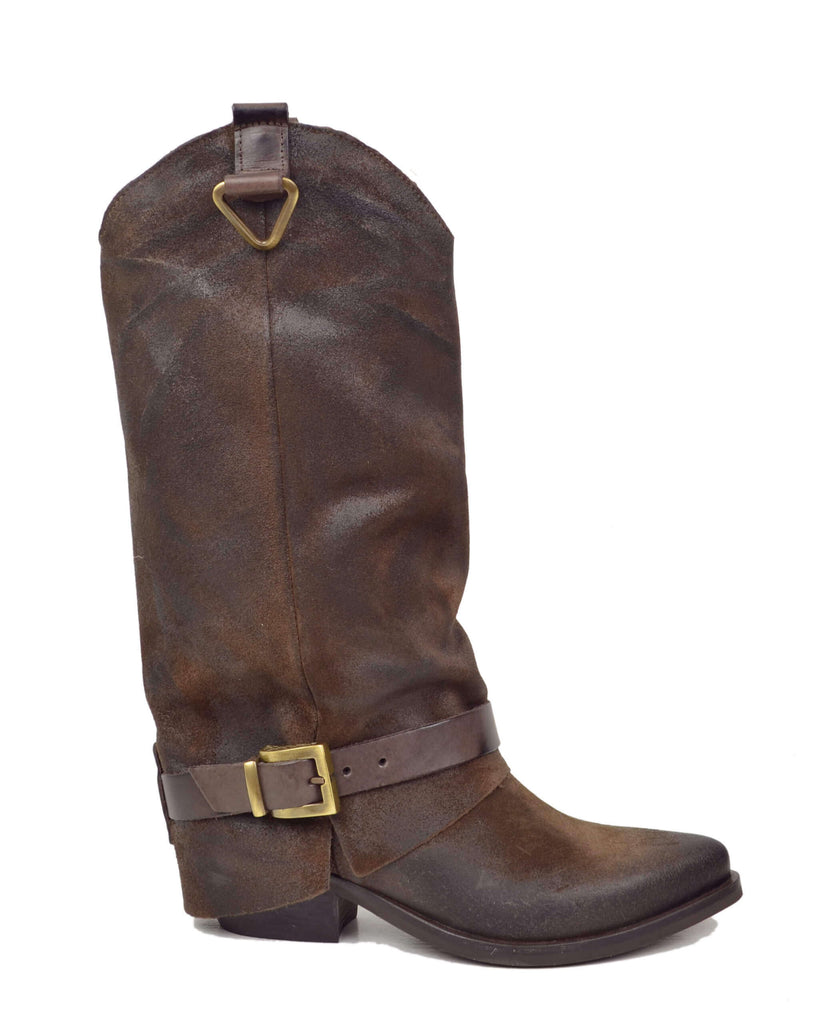 Bottes cowboy en cuir suédé marron avec guêtres et boucles bronze - 6