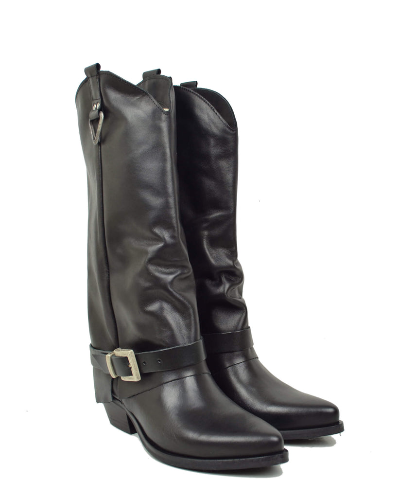 Stivali con Ghetta Vera Pelle Nera con Fibbie Argentate Cowboy - 6