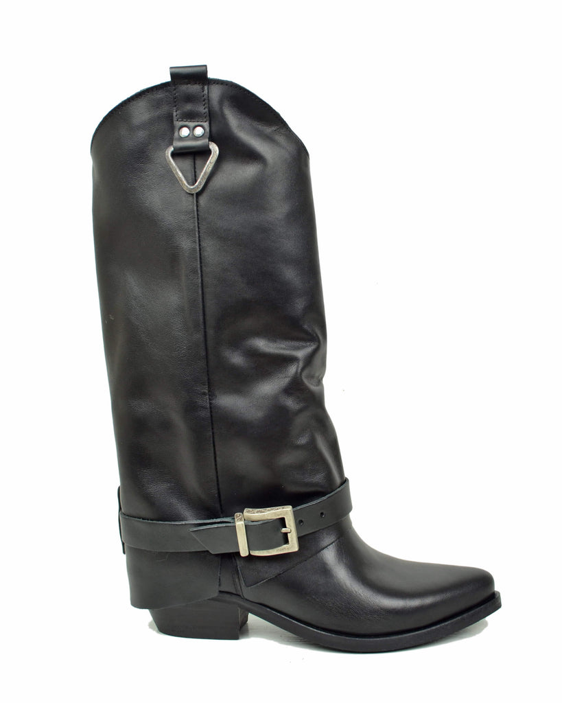 Stivali con Ghetta Vera Pelle Nera con Fibbie Argentate Cowboy - 2