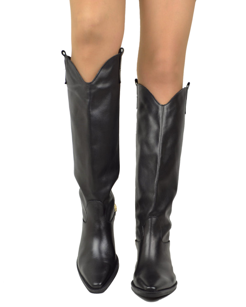 High Black Genuine Leather Cowboy Boots with Spur Accessory and Golden Buckle - 5