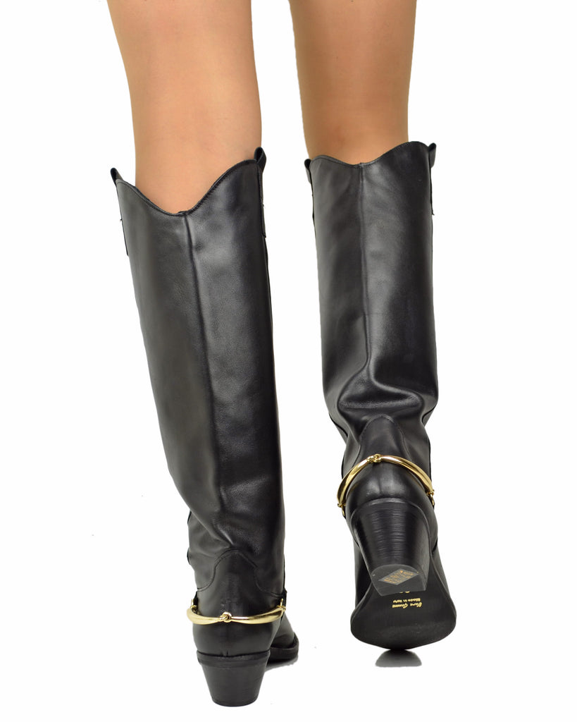 High Black Genuine Leather Cowboy Boots with Spur Accessory and Golden Buckle - 3
