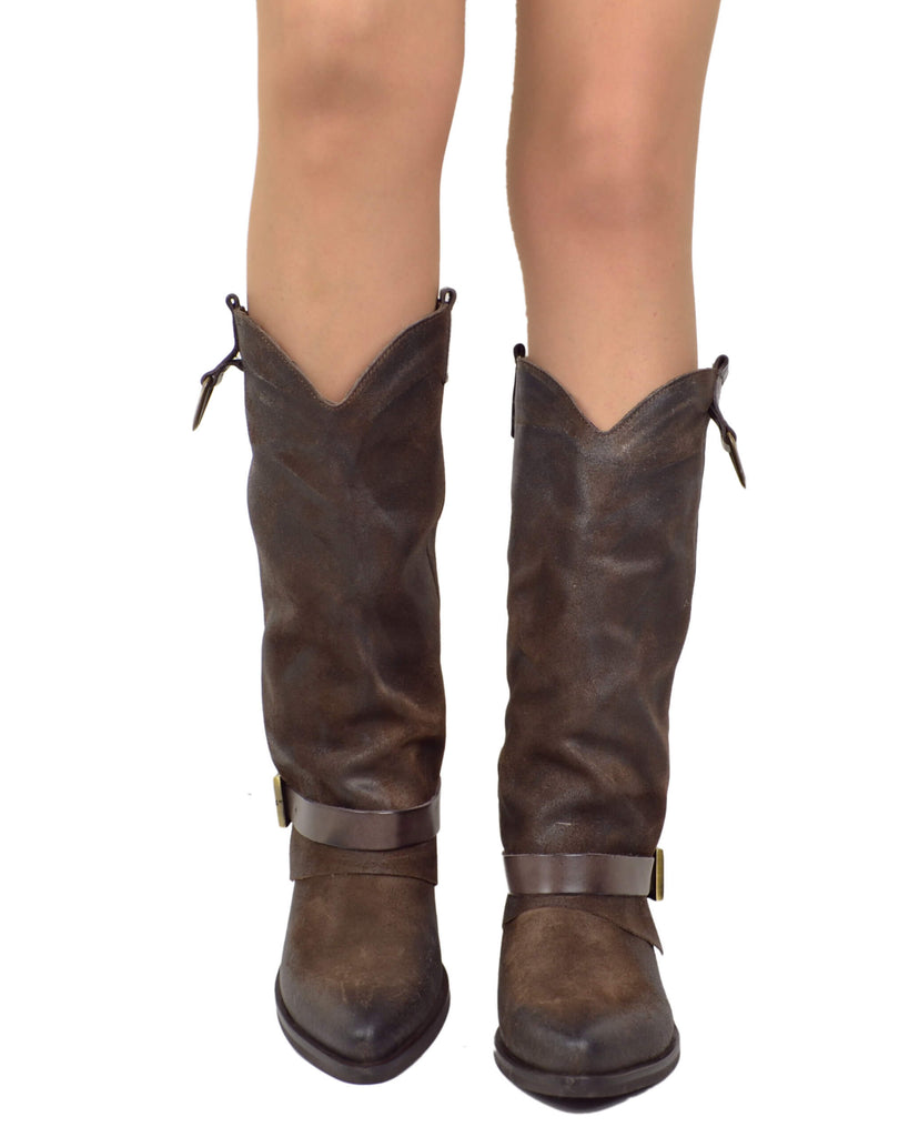Bottes cowboy en cuir suédé marron avec guêtres et boucles bronze - 3