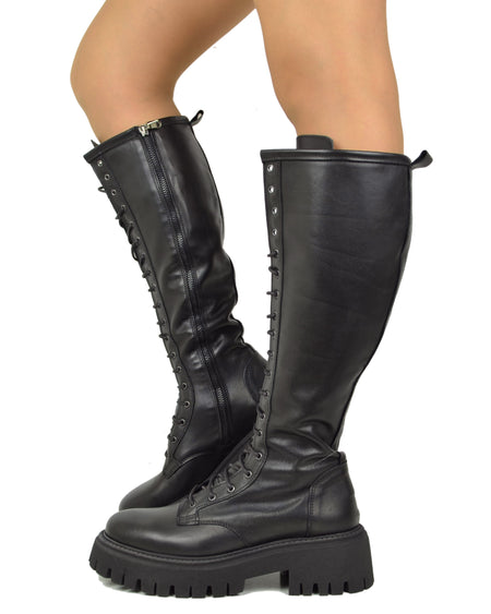 Stivali Anfibi Alti Donna Pelle Nera con Lacci e Platform Gambale
