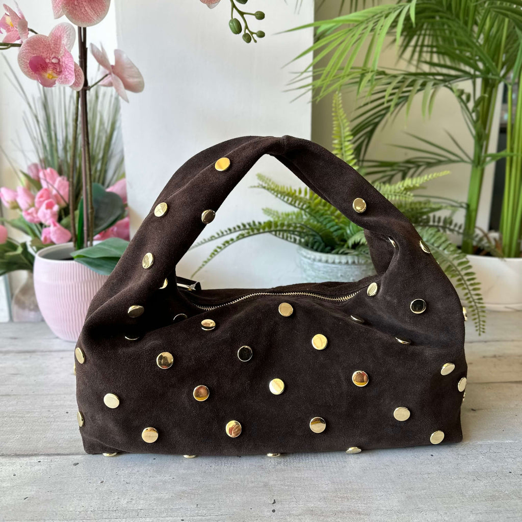 Borsa Hobo Grande a Spalla Pelle scamosciata Marrone Scuro Borchie Oro SARA - 3