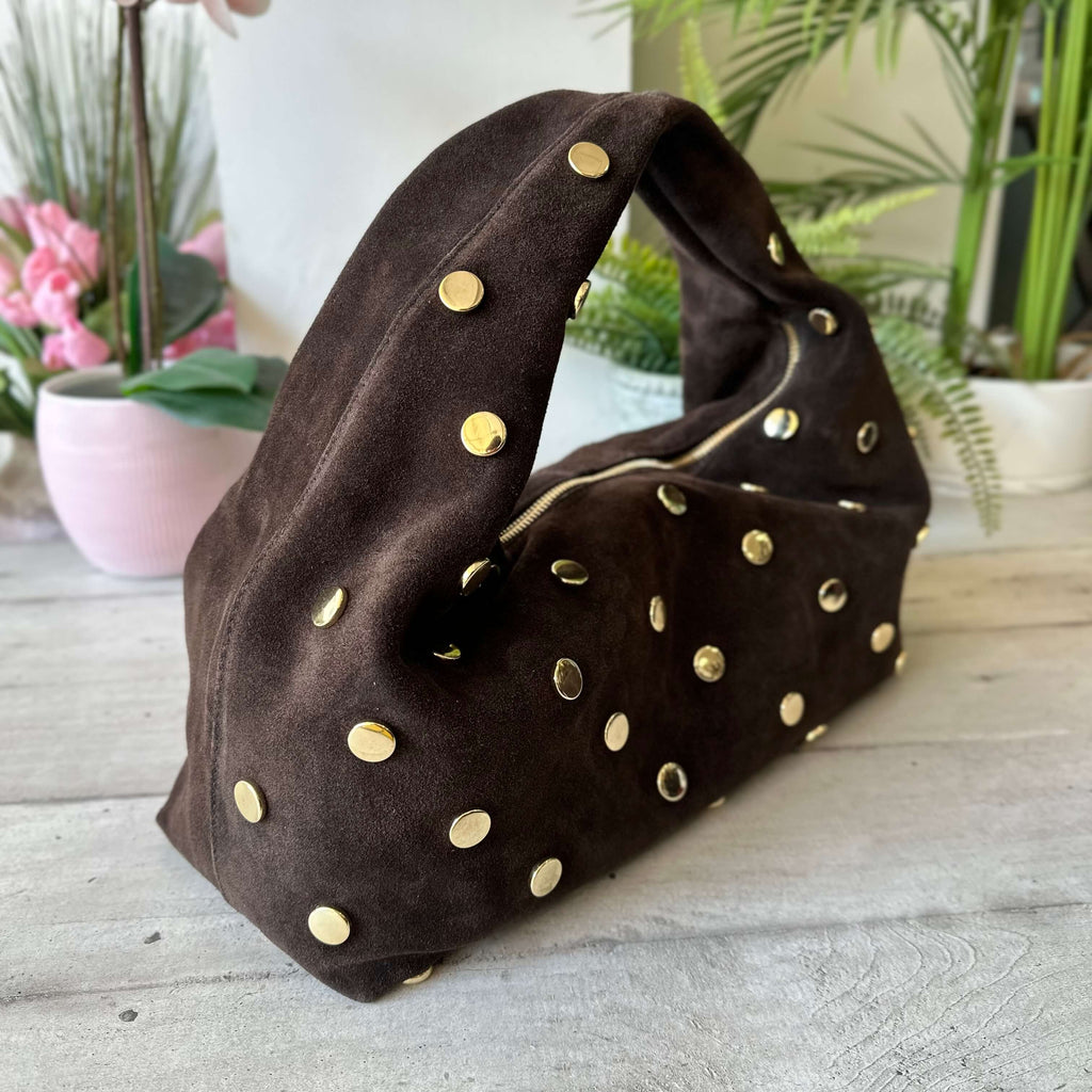 Borsa Hobo Grande a Spalla Pelle scamosciata Marrone Scuro Borchie Oro SARA
