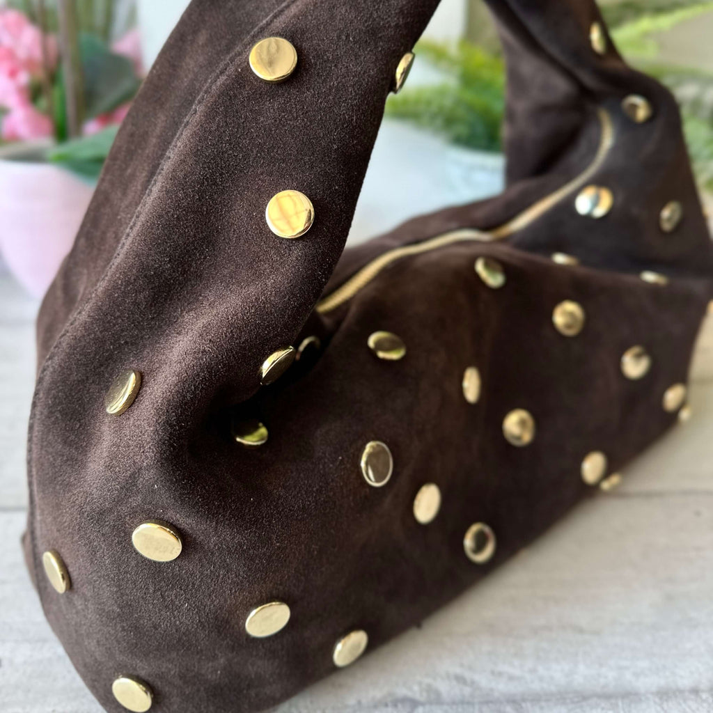 Borsa Hobo Grande a Spalla Pelle scamosciata Marrone Scuro Borchie Oro SARA - 2