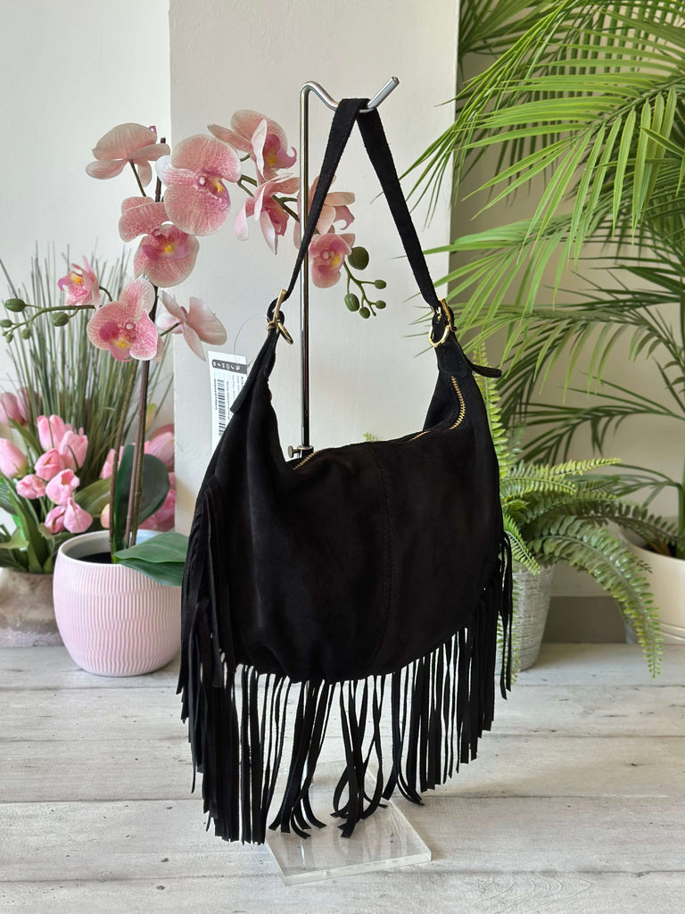 Hobo Bag a Spalla con Frange in Vera Pelle Scamosciata a Spalla Nera - 2