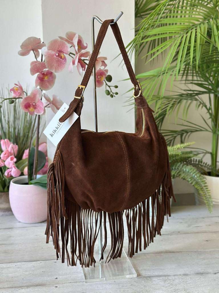 Boho Bag Suede Fringe Crossbody Bag Brown Suede Leather