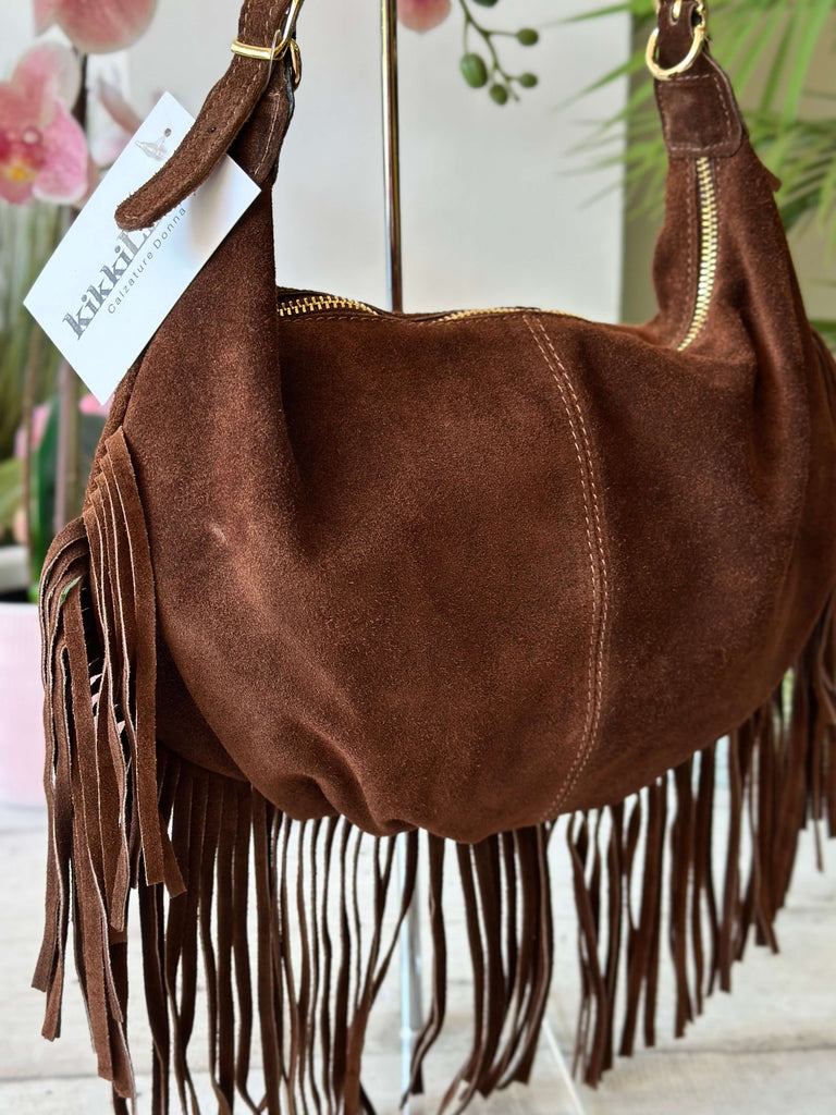 Brown Suede Leather Hobo Bag with Fringes – Shoulder Style - 2