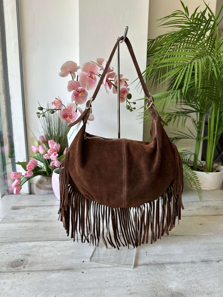 Brown Suede Leather Hobo Bag with Fringes – Shoulder Style - 3