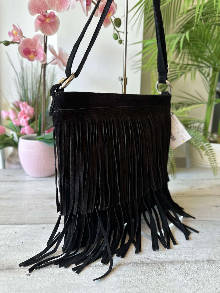 Borsa con Frange Nera Cowboy Style Anelli Argento a Tracolla Vera Pelle Scamosciata FENICE - 3