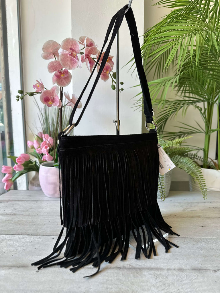 Borsa con Frange Nera Cowboy Style Anelli Argento a Tracolla Vera Pelle Scamosciata FENICE - 2