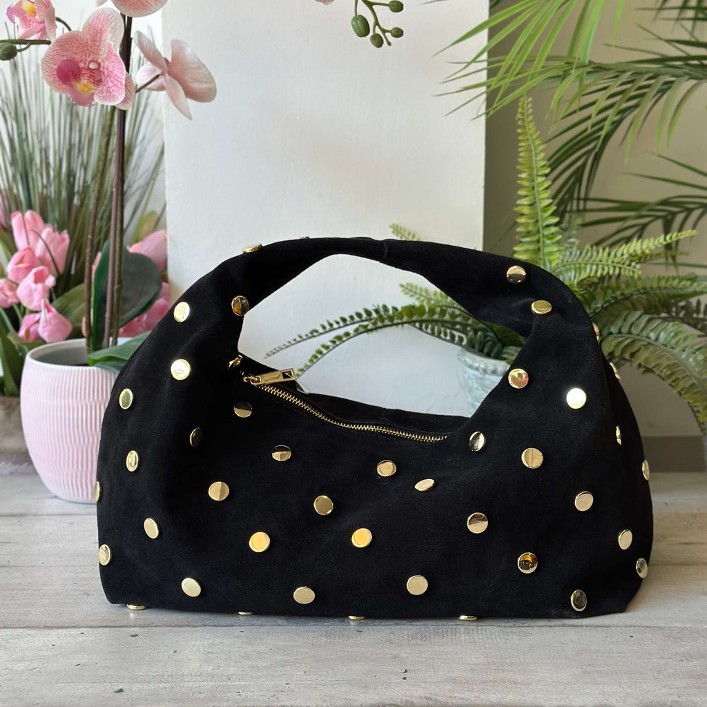 Borsa Hobo Grande a Spalla Pelle scamosciata Nera Borchie Oro SARA - 3