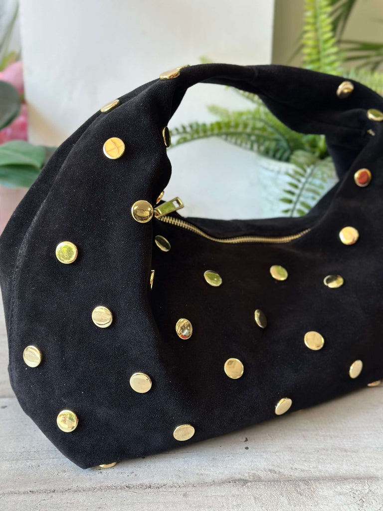 Borsa Hobo Grande a Spalla Pelle scamosciata Nera Borchie Oro SARA - 2