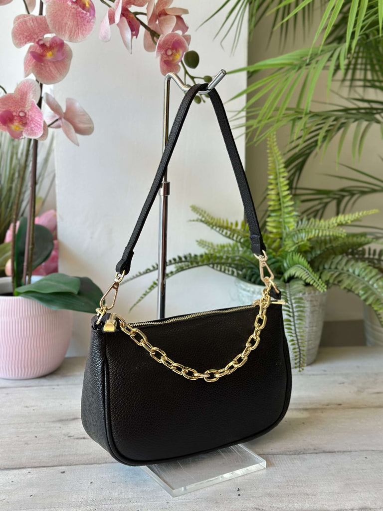 Borsa in Pelle Nera con Catena Dorata a Spalla con tracolla interna LUANA - 3