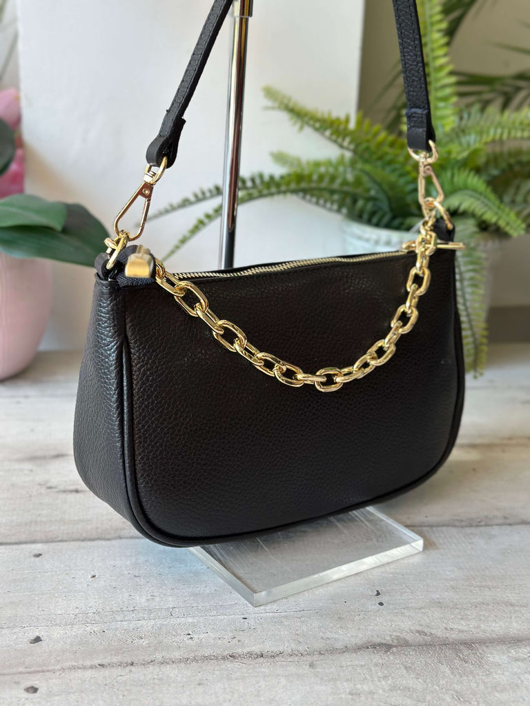 Borsa in Pelle Nera con Catena Dorata a Spalla con tracolla interna LUANA - 2