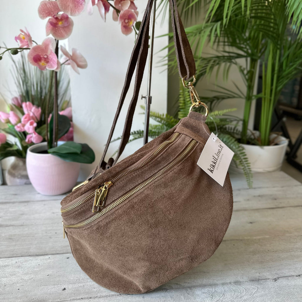 Marsupio Grande con Zip Vera Pelle Scamosciata Zip Dorate Noemi Taupe - 2