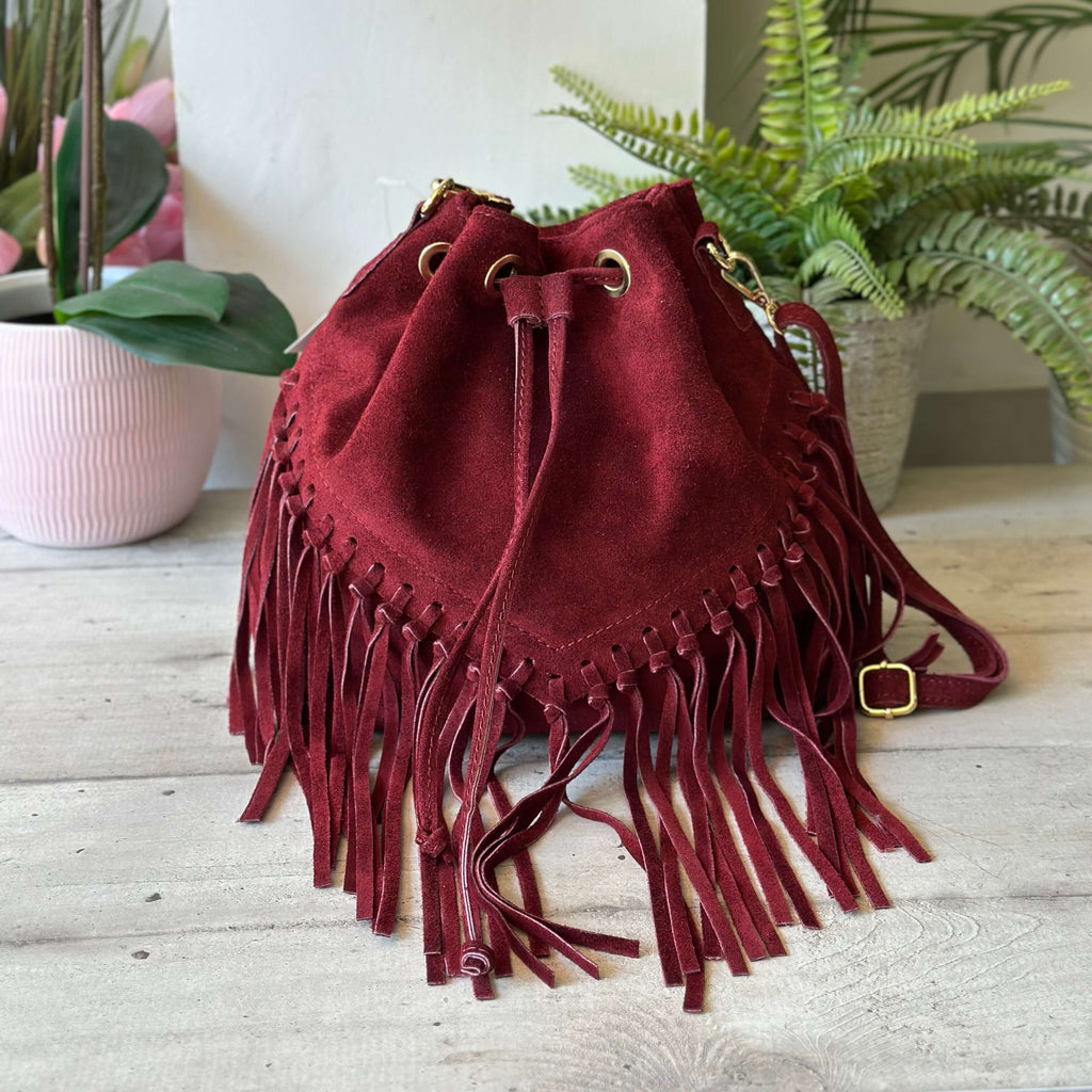 Borsa a Secchiello con Frange Bordeaux in Pelle Scamosciata KIKKIBAGS EVA - 2
