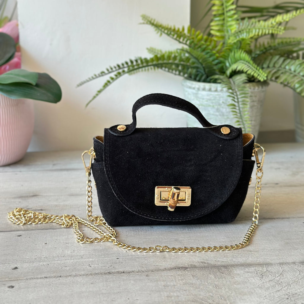 Mini-Bambus-Tasche aus schwarzem Wildleder mit goldener Kette – NANA