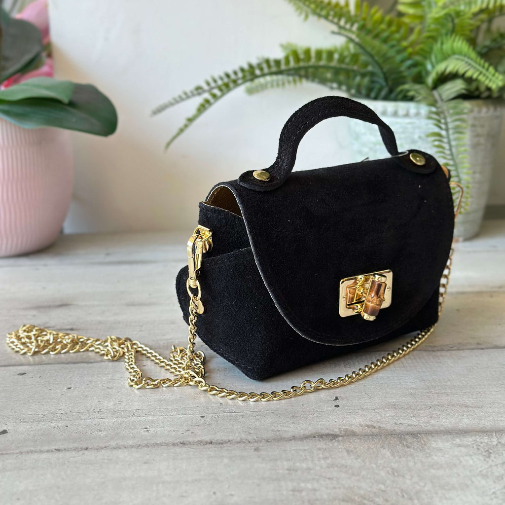 Mini-Bambus-Tasche aus schwarzem Wildleder mit goldener Kette – NANA - 2