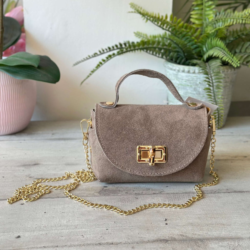 Borsettina Mini Bambù Pelle Scamosciata Catena Dorata Taupe NANA - 2