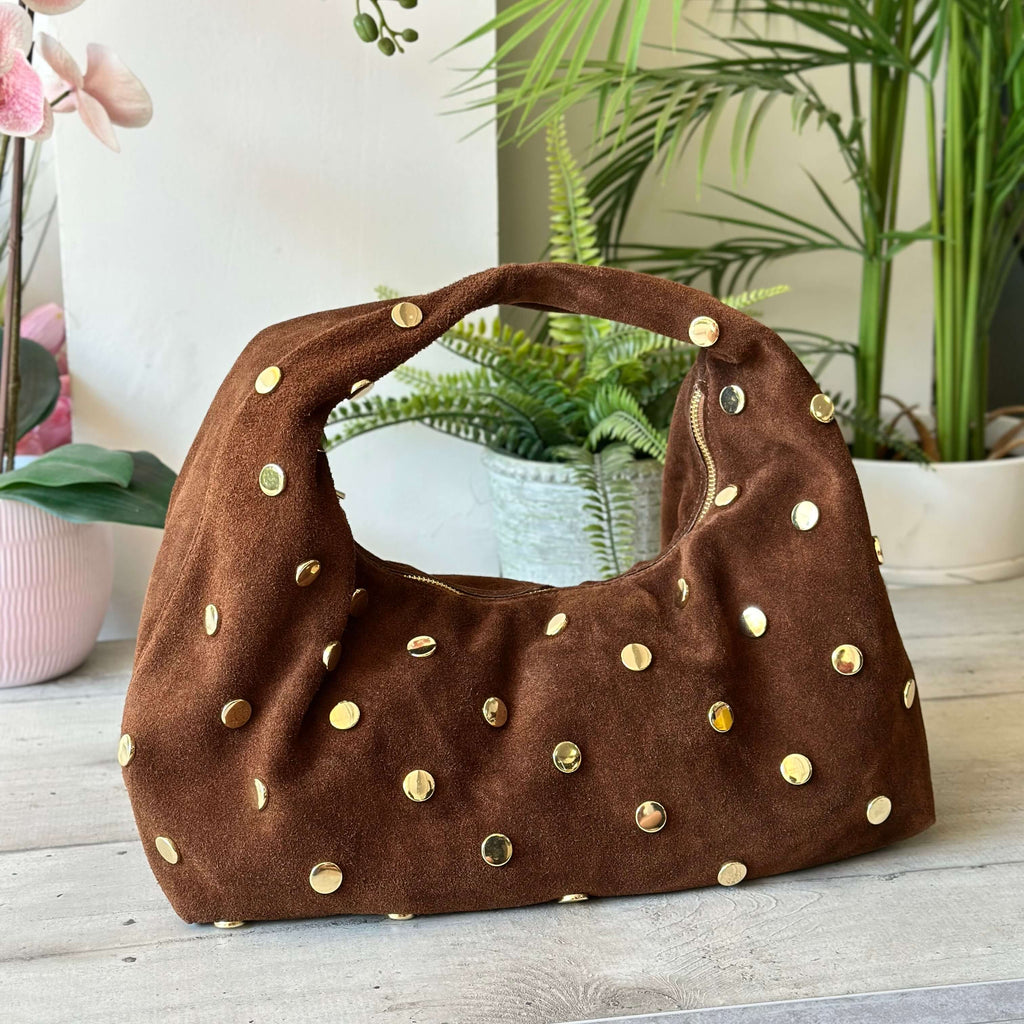 Borsa Hobo Grande a Spalla Pelle scamosciata Cioccolato Borchie Oro SARA - 3
