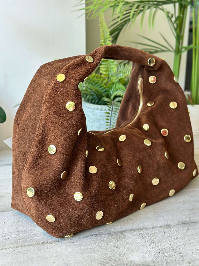 Borsa Hobo Grande a Spalla Pelle scamosciata Cioccolato Borchie Oro SARA - 2