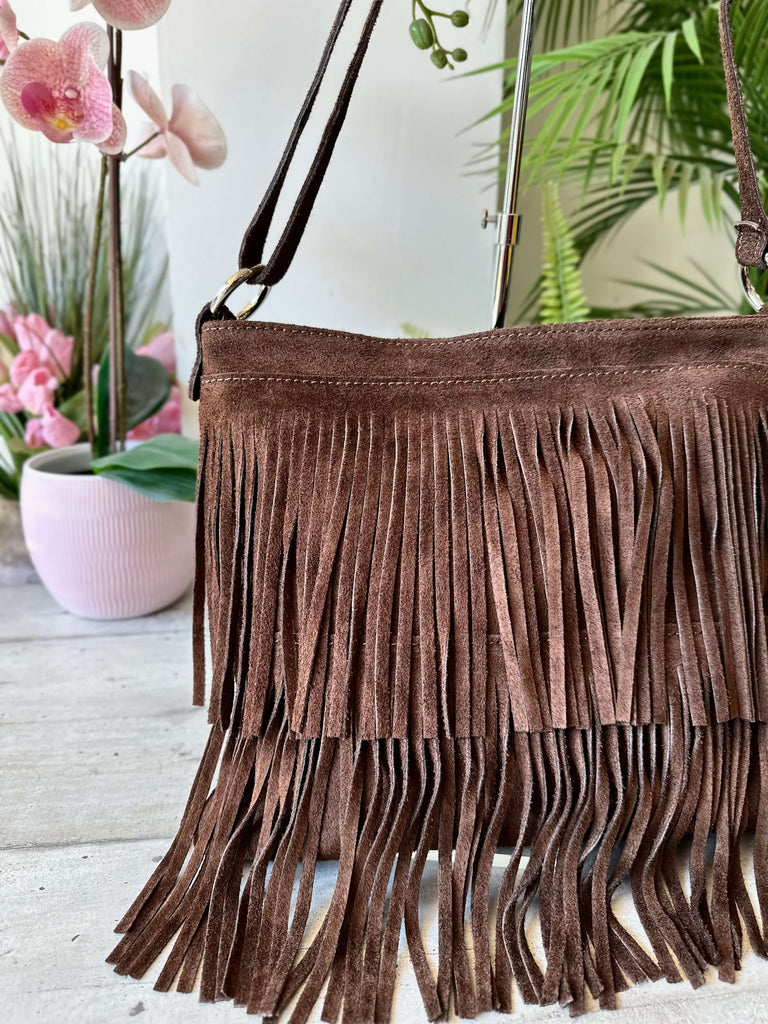 Borsa con Frange Marrone Cowboy Style Anelli Argento a Tracolla Vera Pelle Scamosciata FENICE - 2