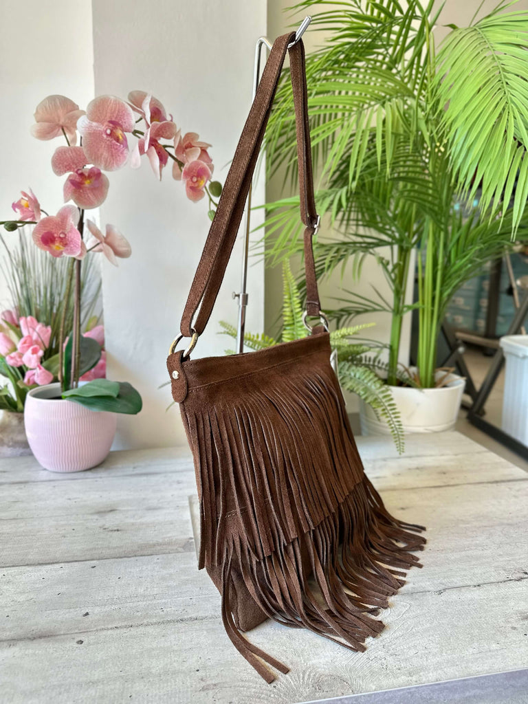 Borsa con Frange Marrone Cowboy Style Anelli Argento a Tracolla Vera Pelle Scamosciata FENICE - 3
