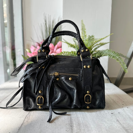 Borsa Mini Nera Vera Pelle Ingrassata a Spalla con Tracolla Bauletto - MARTA