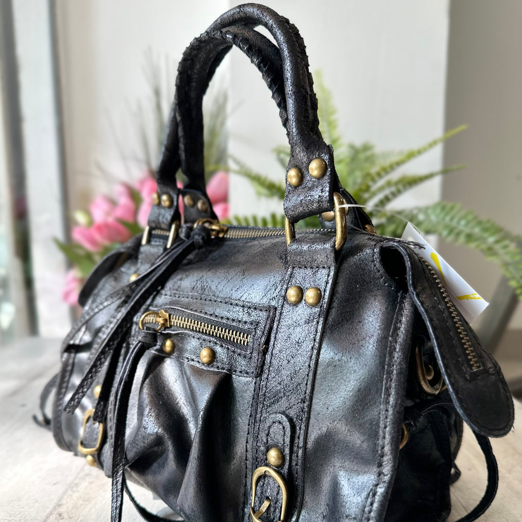 Mini Black Laminated Shoulder Bag with Genuine Leather Shoulder Strap - 2