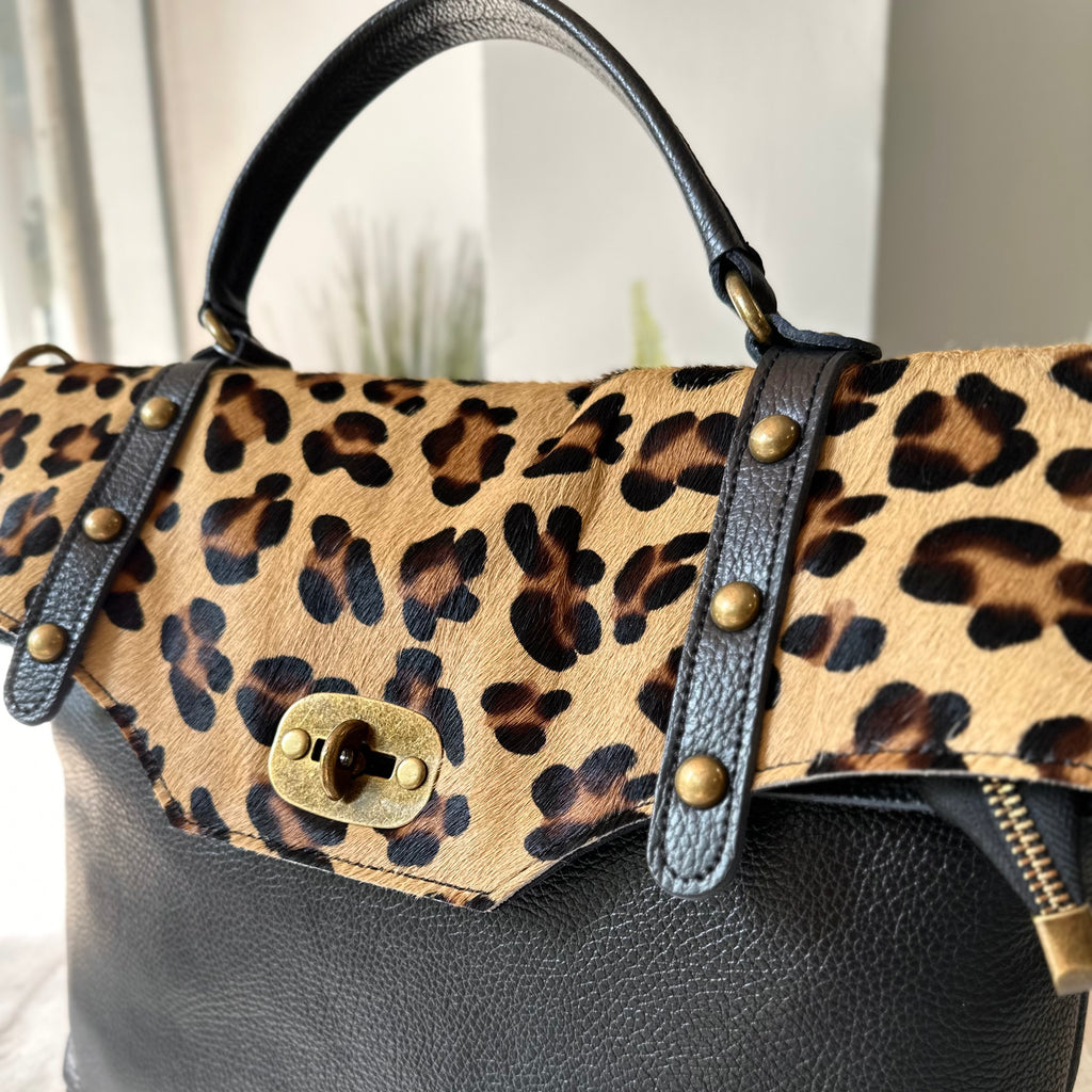 Borsa Grande Nera Vera Pelle Cavallino Leopardato Tracolla a Mano - RITA - 2