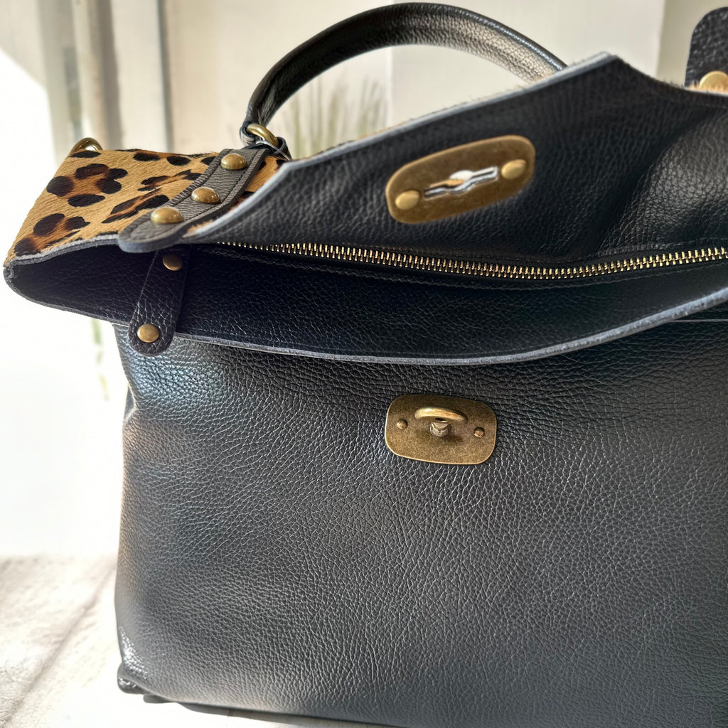 Borsa Grande Nera Vera Pelle Cavallino Leopardato Tracolla a Mano - RITA - 3