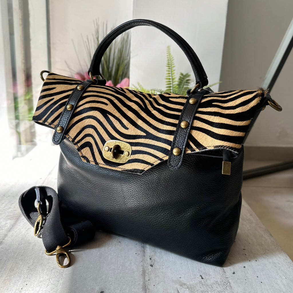 Borsa Grande Nera Vera Pelle Cavallino Zebra Tracolla a Mano "RITA"