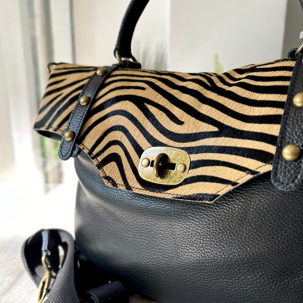 Borsa Grande Nera Vera Pelle Cavallino Zebra Tracolla a Mano "RITA" - 2