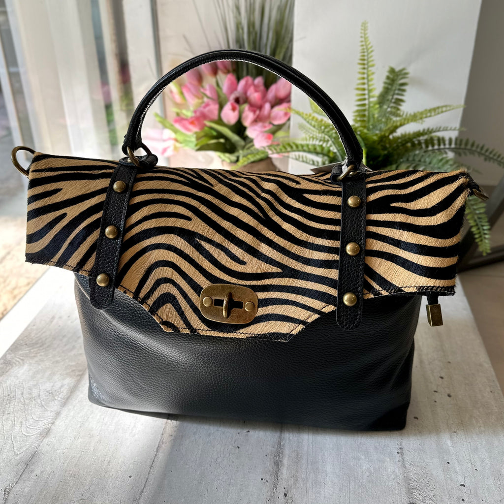 Borsa Grande Nera Vera Pelle Cavallino Zebra Tracolla a Mano "RITA" - 3