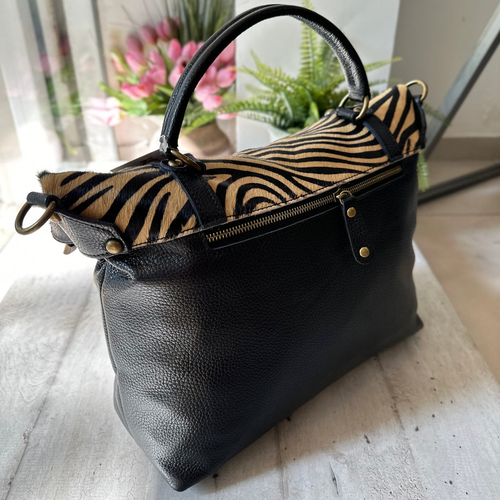 Borsa Grande Nera Vera Pelle Cavallino Zebra Tracolla a Mano "RITA" - 4