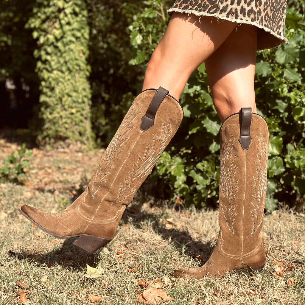 Taupe Suede Knee High Cowboy Boots with Stitching - 2