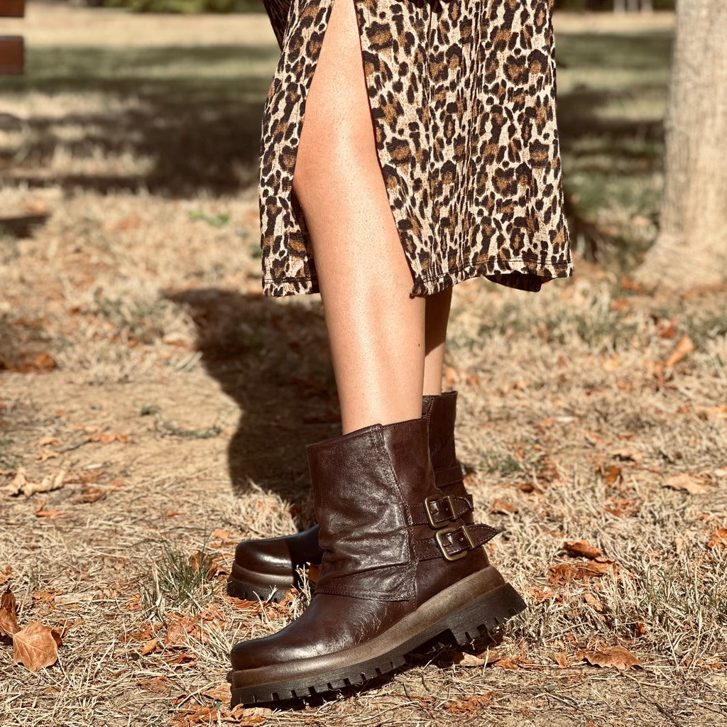 Biker Boots Platform con Ghetta e Zip Laterale Vera Pelle Marrone - 2