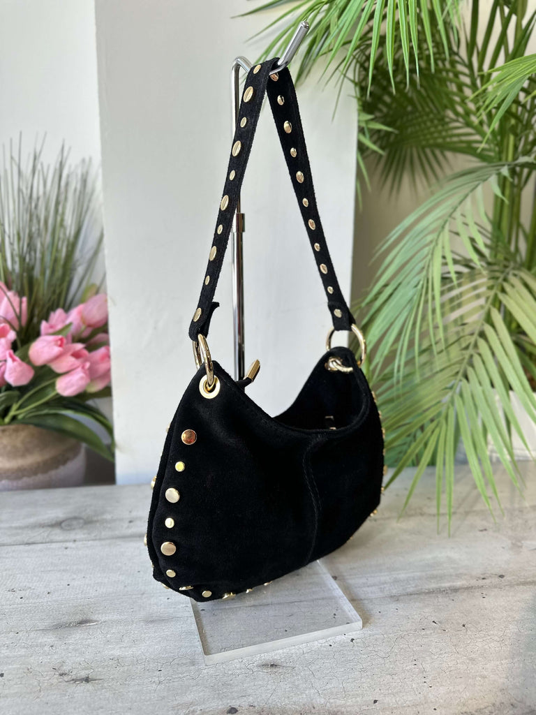 Damen Schultertasche Wildleder Schwarz mit Nieten Gold ROCK - 2