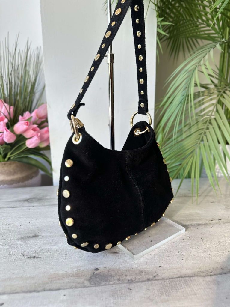 Damen Schultertasche Wildleder Schwarz mit Nieten Gold ROCK - 3