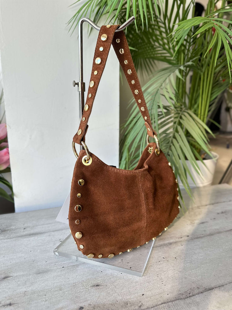 Damen Schultertasche Wildleder Leder Nieten Braun ROCK - 3