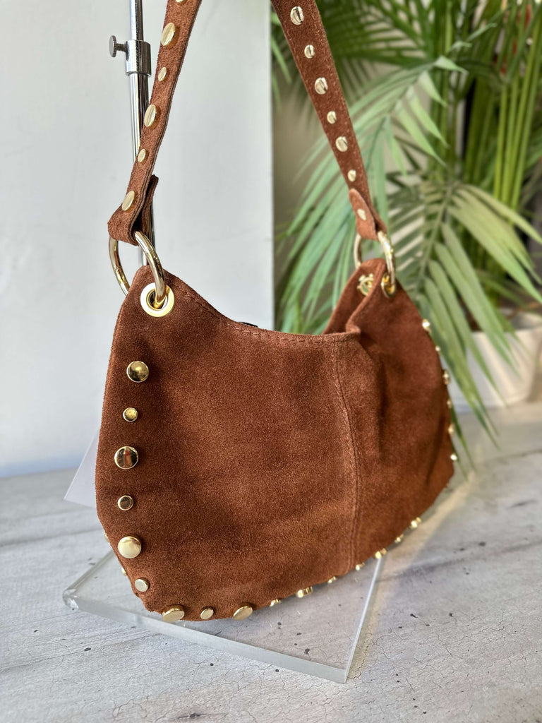 Damen Schultertasche Wildleder Leder Nieten Braun ROCK - 2