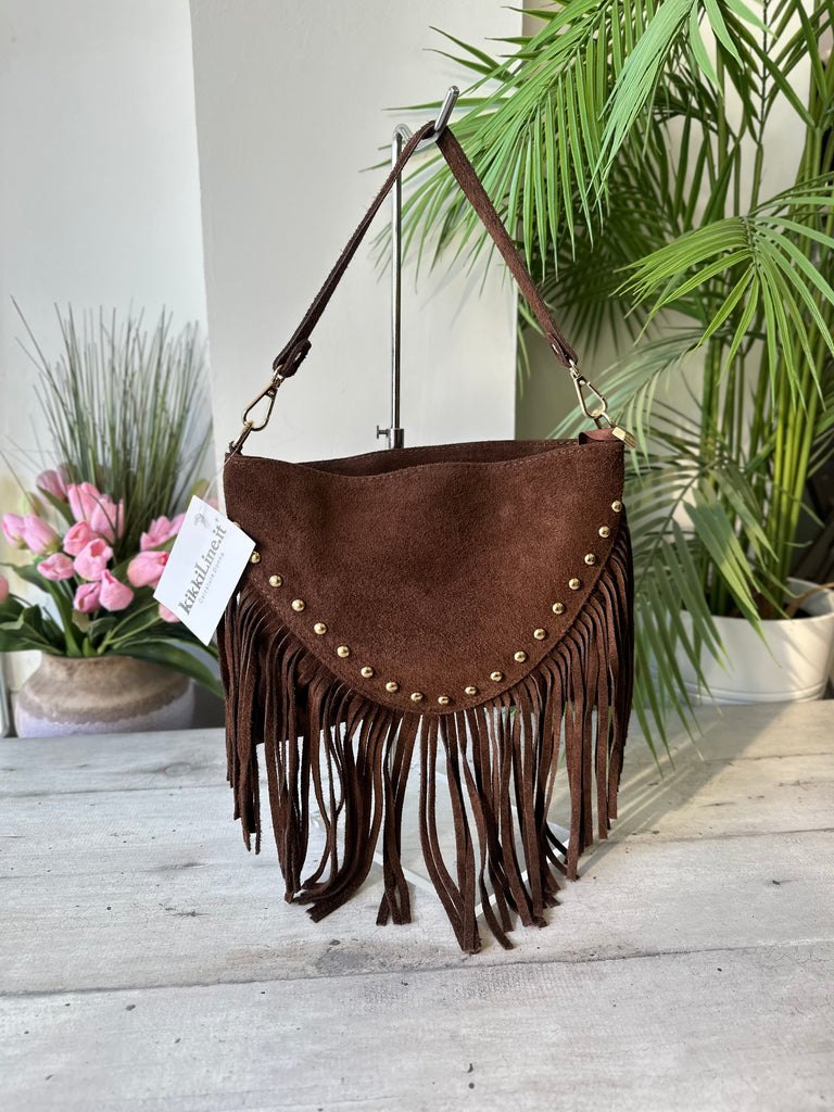 Braune Rechteckige Schultertasche mit Fransen und Goldnieten – VIOLA - 2