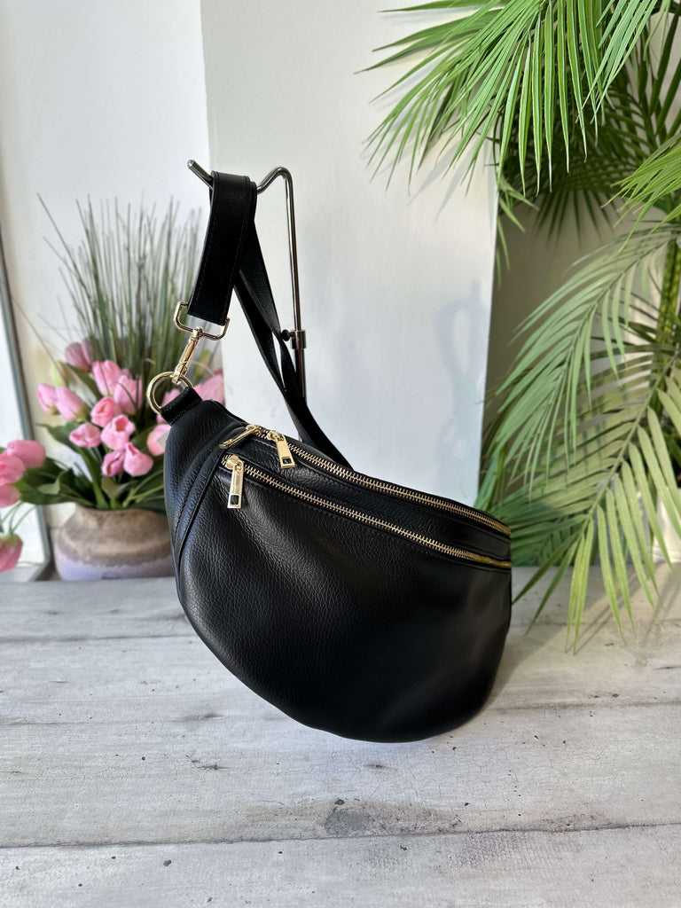 Noemi Large Zip-Up Bum Bag in Genuine Suede Leather with Gold Zips - 2