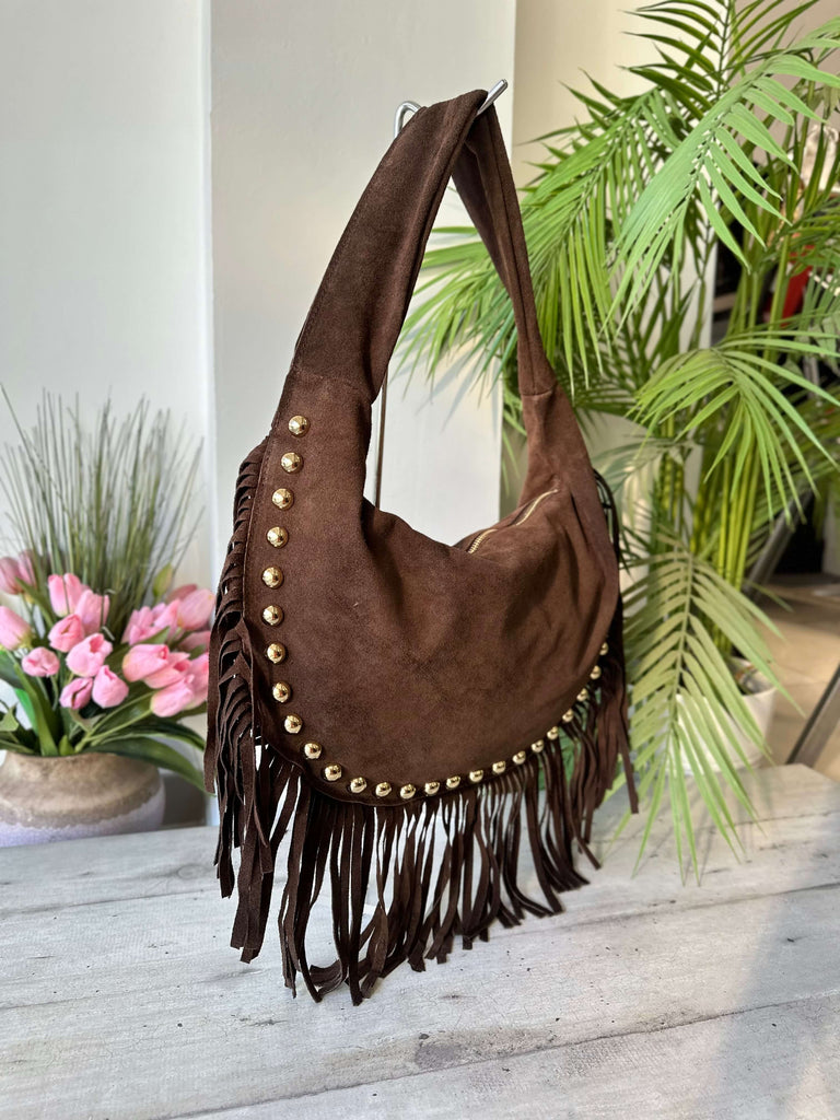 Borsa a Spalla con Borchie Dorate Frange Pelle Scamosciata Marrone MARLA - 2