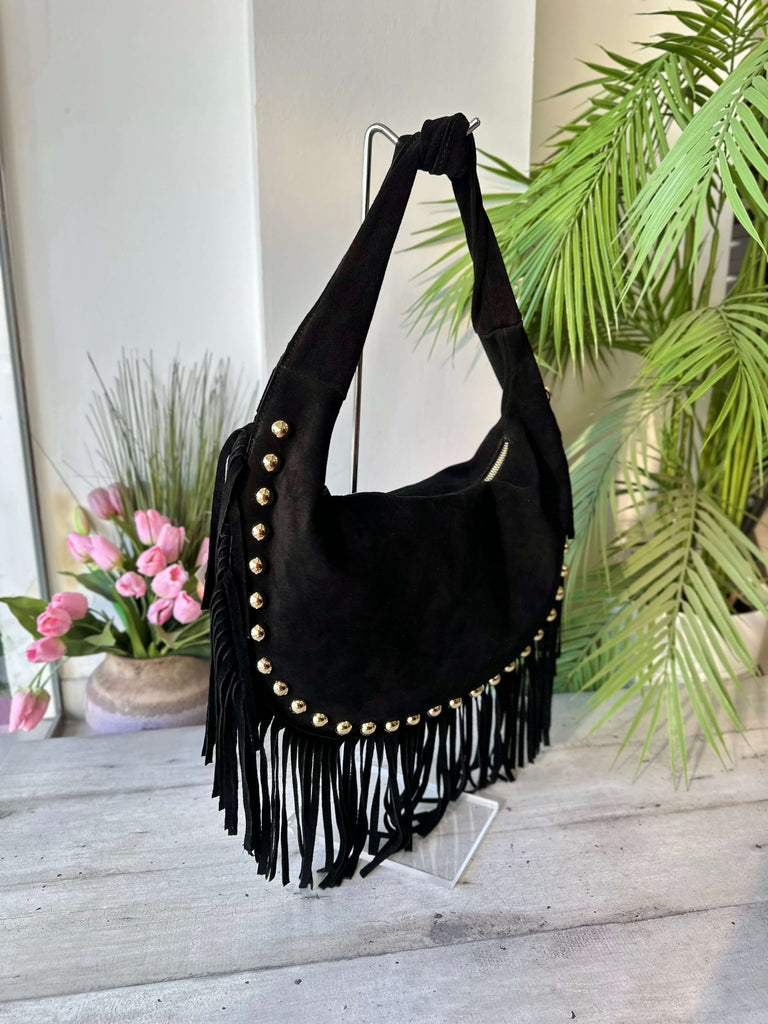 Borsa a Spalla con Borchie Dorate Frange Pelle Scamosciata Nera MARLA - 2