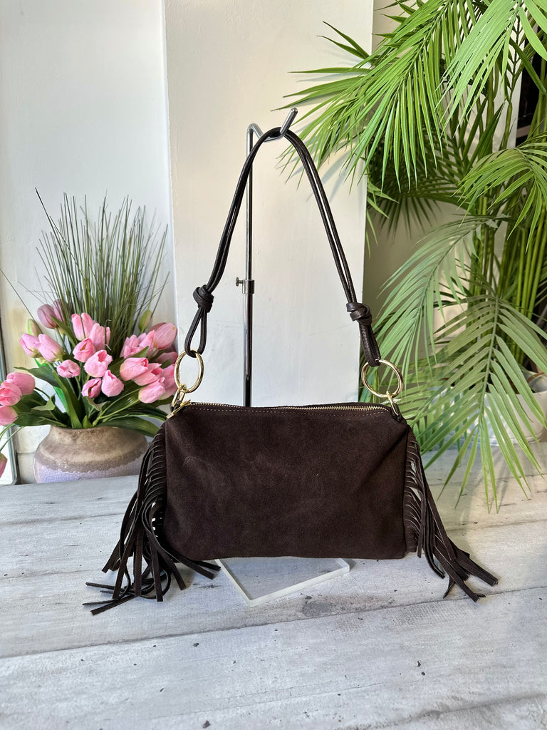 Borsa a Spalla con Manici in Pelle Frange Laterali Marrone Cioccolato Fondente - 2